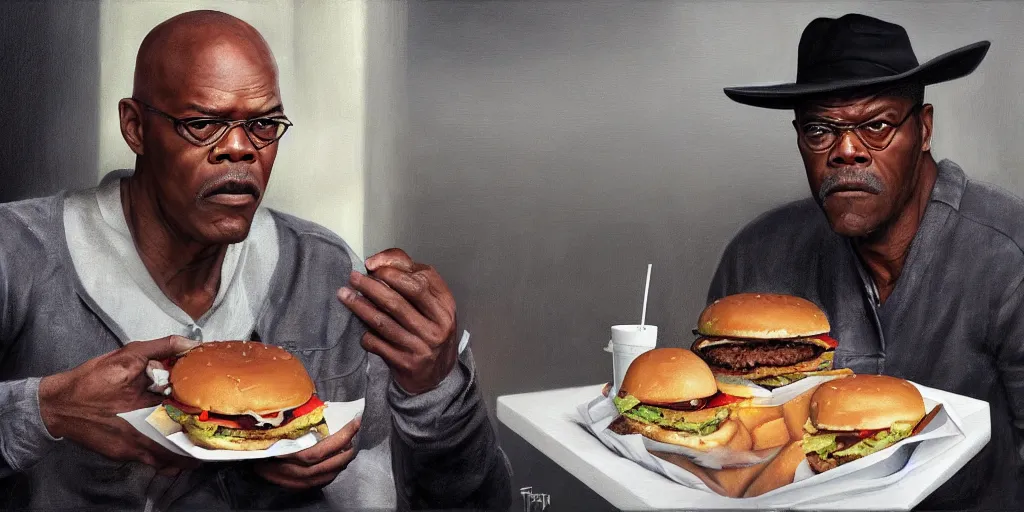 Image similar to highly detailed portrait painting of samuel l jackson eating burger in russia, perfect symmetrical eyes, by eddie mendoza and tyler edlin, 8 k resolution