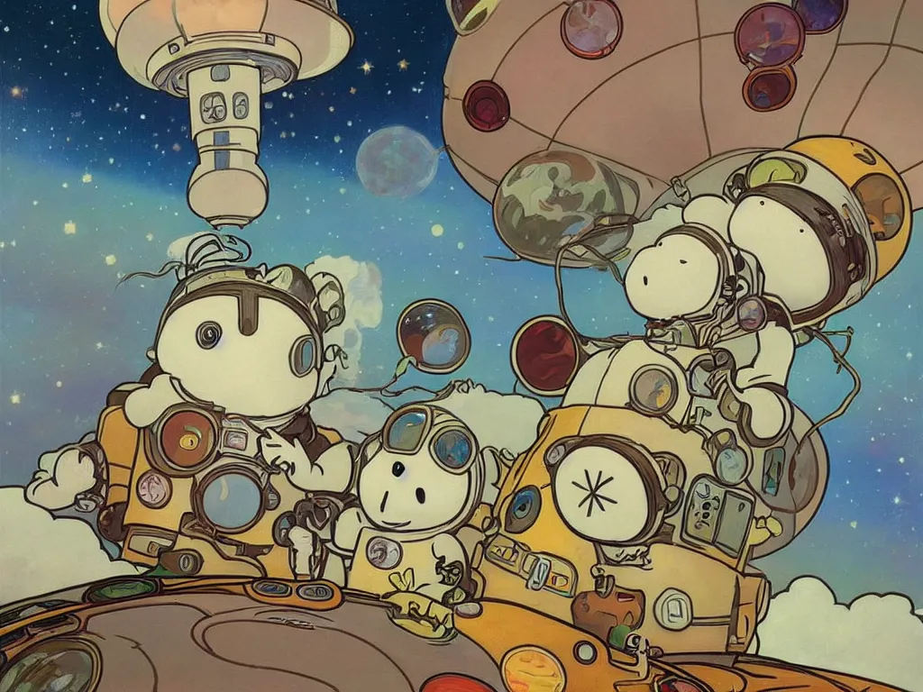 Image similar to moomins in space suits flying around with jetpacks discovering the mushroom planet, looking cute, photorealistic painting, warm colors, fluffy, cozy, dreamy, low light, art by alphonse mucha, trending on artstation