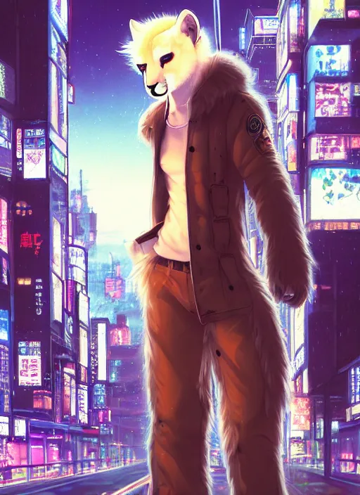 Image similar to character portrait of a male anthro albino mountain lion fursona with a tail and a cute beautiful attractive furry face wearing stylish cyberpunk clothes in a cyberpunk city at night while it rains. hidari, color page, tankoban, 4K, tone mapping, Akihiko Yoshida.