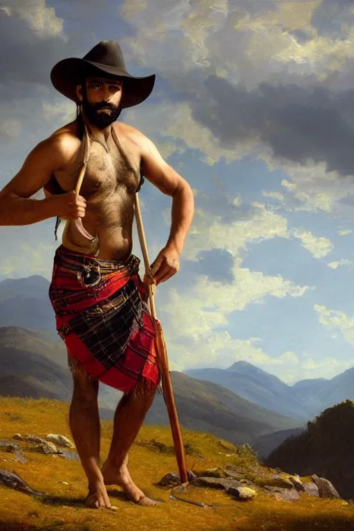 Prompt: a dramatic epic beautiful painting of a hairy handsome shirtless desi man in the mountains | he is wearing a scottish plaid kilt and cowboy hat, and holding a walking stick | background is mountains! and clouds | dramatic lighting, golden hour, homoerotic | by clyde aspevig and albert bierstadt and greg rutkowski | trending on artstation