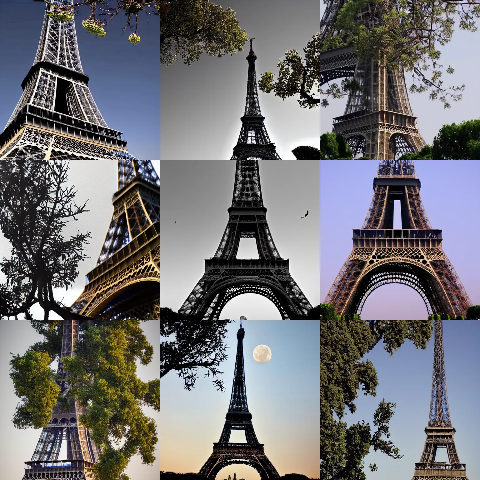 Prompt: ygdrassil tree growing through eiffel tower on moon