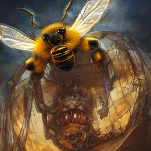 Image similar to incredible monster bee by stanley artgerm lau, wlop, rossdraws, james jean, andrei riabovitchev, yoshitaka amano. background by james jean and gustav klimt, light by julie belltrending on artstation