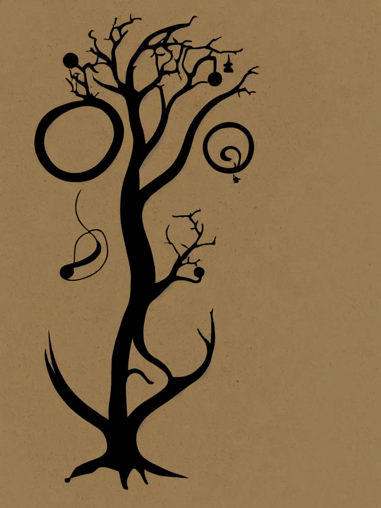 Prompt: centered minimal silhouette art of an acorn growing into a tree in the shape of a treble clef, with a big scar down the middle of the tree, bursts of color, inspire and overcome, playful