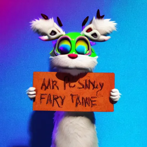 Prompt: cute furry monster holding a placard, colourful, glowing background lighting, hyper detailed, fairy tale, 4 k octane render