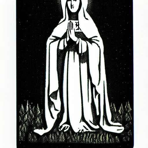 Image similar to marian apparition in forest, high contrast, found footage, vhs, 1 9 9 0, beautiful, highly realistic, highly detailed, vhs noise static, black and white, vhs glitch