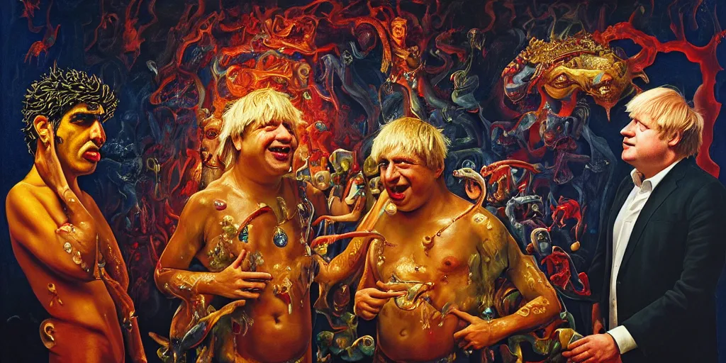 Image similar to rishi sunak and boris johnson in hell, abstract oil painting by gottfried helnwein pablo amaringo raqib shaw zeiss lens sharp focus high contrast chiaroscuro gold complex intricate bejeweled