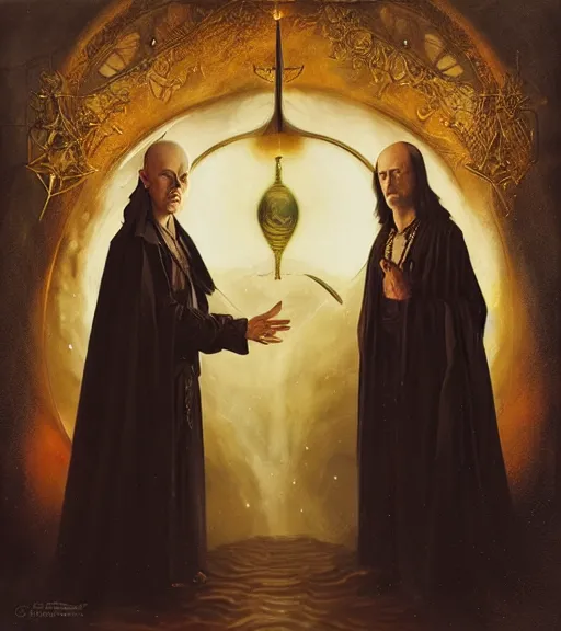 Image similar to A Magical Portrait of Aleister Crowley and the Great Mage of Thelema, art by Tom Bagshaw and Manuel Sanjulian