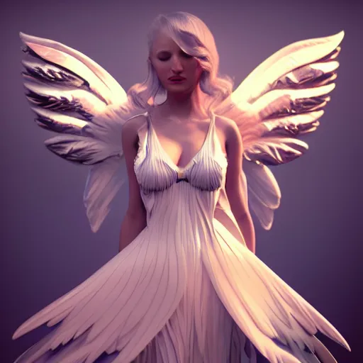 Image similar to fantasy angel with wings inspired avant - garde art, deco fashion, highly detailed, photorealistic portrait, bright studio setting, studio lighting, crisp quality and light reflections, unreal engine 5 quality render