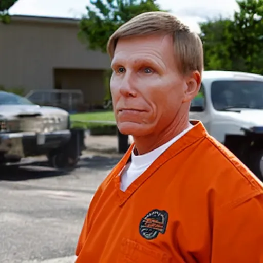 Image similar to pastor kent hovind in orange prison uniform, still from orange is the new black