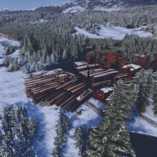 Image similar to top down drone footage of post pocaliptic frostpunk landscape, old lumber mill and few trees remains, crates with wood and supply, beautiful icy area