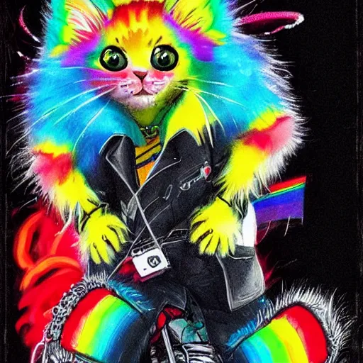 Image similar to wide angle full body, jacket wearing fluffy cute rainbow kitten wearing a black leather motorcycle jacket, cinematic concept art