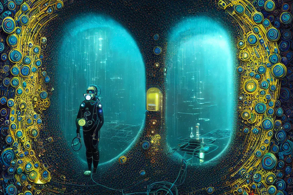 Prompt: detailed portrait of a cyberpunk scuba diver inside a dmt portal by james r eads and tomasz alen kopera gediminas pranckevicius