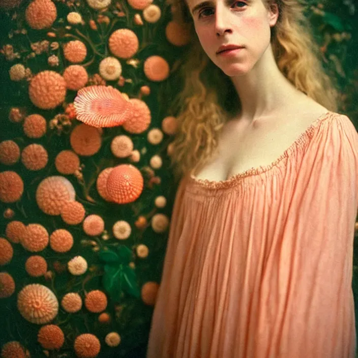 Prompt: Kodak Portra 400, 8K, soft light, volumetric lighting, highly detailed, brit marling style 3/4 ,portrait photo of a beautiful woman how pre-Raphaelites painter, n long elegant intricate ornamental ethereal coral and shells dress, natural skin tone, highly detailed realistic flowers ornament in the upper side of breast, bust with a long beautiful neck , long dark hair are intricate with highly detailed realistic coral and shells, elegant, Realistic, Refined, Highly Detailed, natural outdoor soft pastel lighting colors scheme, outdoor fine art photography, Hyper realistic, photo realistic