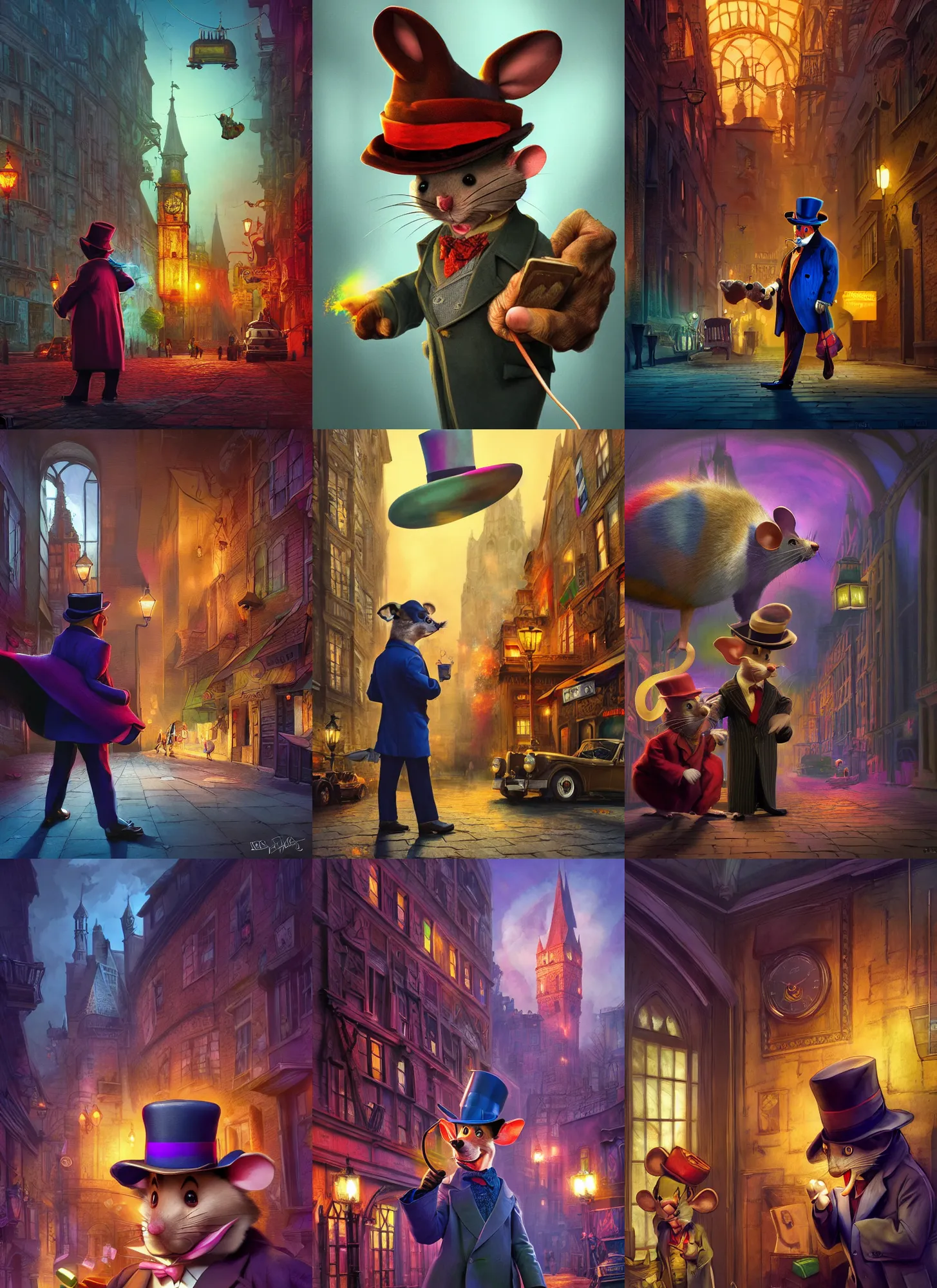 Prompt: a mouse detective, vivid colors, war of colors, dark shadows, contrast, concept art, sharp focus, digital art, Hyper-realistic, 4K, Unreal Engine, Highly Detailed, Dramatic Lighting, Beautiful, by Brom,