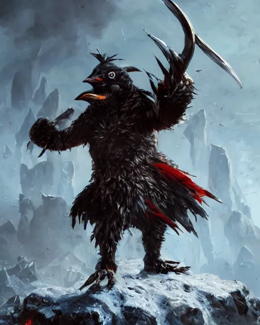 Image similar to oil painting of Angry Anthropomorphized Penguin Berserker, wearing fur armor, claws, sharp focus, attack pose, fantasy style, octane render, volumetric lighting, 8k high definition, by greg rutkowski, highly detailed, trending on art Station, magic the gathering artwork, burning Battlefield background, centered