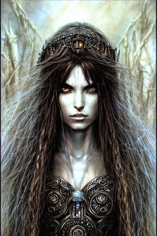 Prompt: head and shoulders portrait of a druid, female, high fantasy, dnd, by luis royo