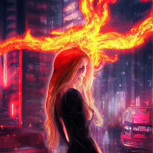 Prompt: young blonde with long hair woman from behind with flames coming out of hands flying in a cyberpunk city, very detailed, realistic, symmetrical face, art by digital painting,