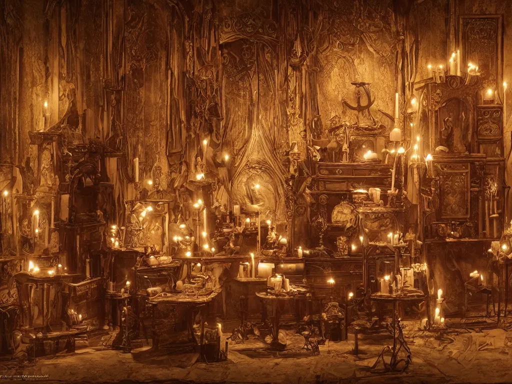 Image similar to hyper realistic photo of an occult art nouveau room interior, old furnitures, altar, candles, gloomy volumetric lights