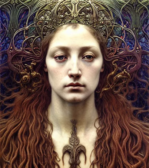 Prompt: detailed realistic beautiful young medieval queen face portrait by jean delville, gustave dore and marco mazzoni, art nouveau, symbolist, visionary, gothic, pre - raphaelite. horizontal symmetry by zdzisław beksinski, iris van herpen, raymond swanland and alphonse mucha. highly detailed, hyper - real, beautiful, fractal baroque
