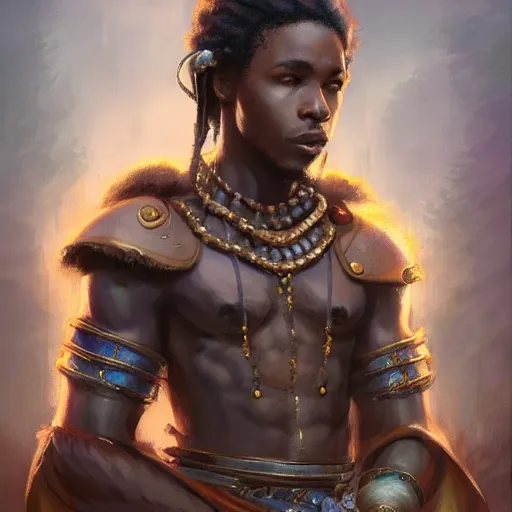 Image similar to clairvoyant african prince, D&D, fantasy warrior, portrait, highly detailed, digital painting, trending on artstation, concept art, sharp focus, illustration, art by artgerm and greg rutkowski and magali villeneuve