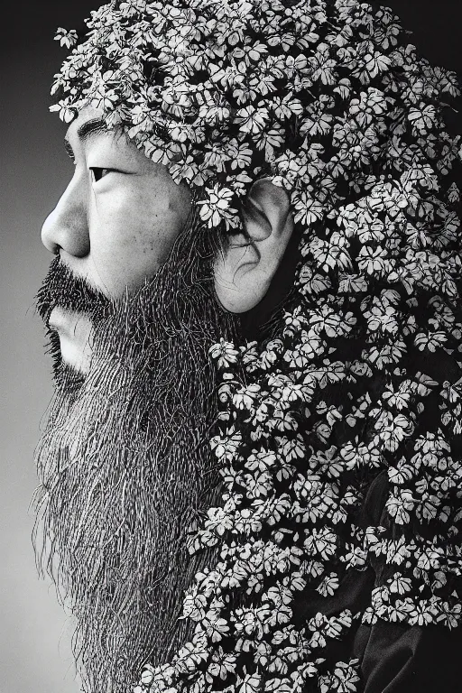 Prompt: Japanese man's face in profile, long beard, made of flowers and fruit, in the style of the Dutch masters and Gregory crewdson, dark and moody