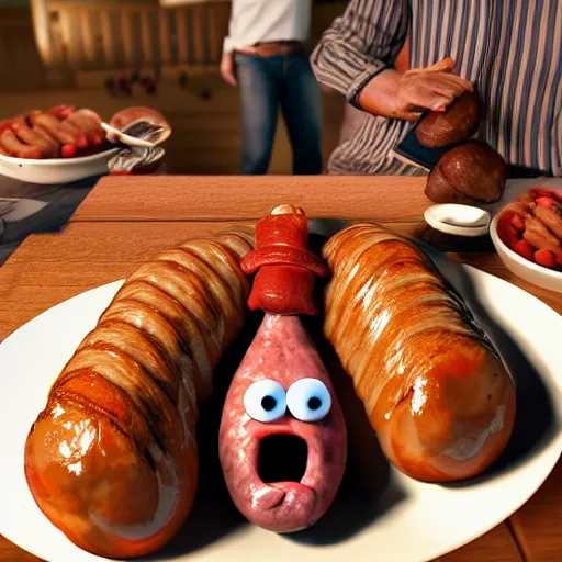 Image similar to an ultra realistic photography of a screaming man with a sausage face and chocolate sauce on monster sausages on a plate