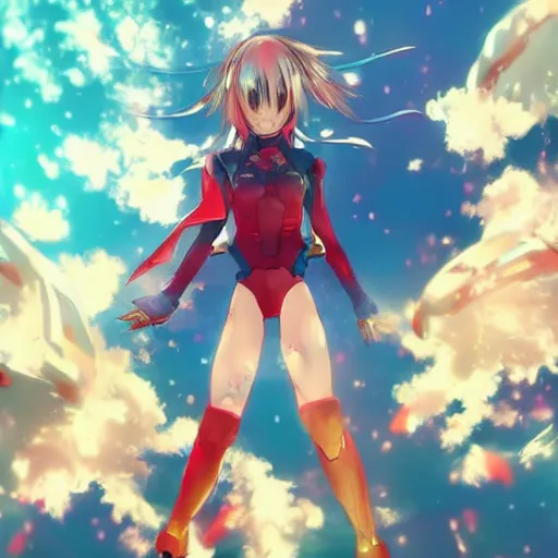 Image similar to digital anime art, wlop, rossdraws, sakimimichan, > > very small cute girl < < standing on a large wooden table, red mech arms + red mech legs,