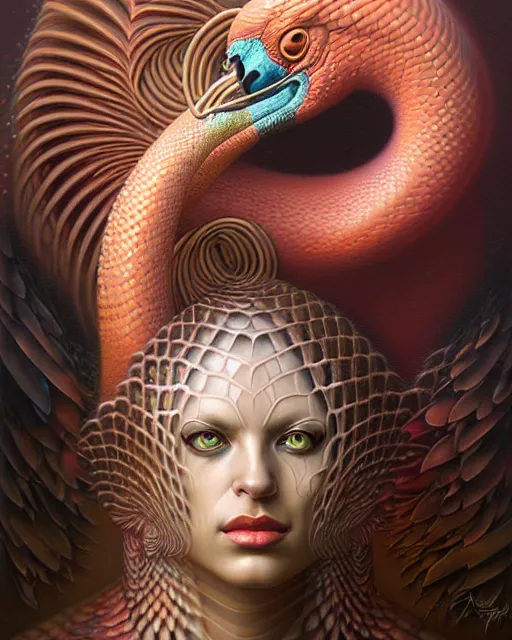 Image similar to a detailed portrait of dreampunk flamingo python hybrid mix goddess by tomasz alen kopera and peter mohrbacher