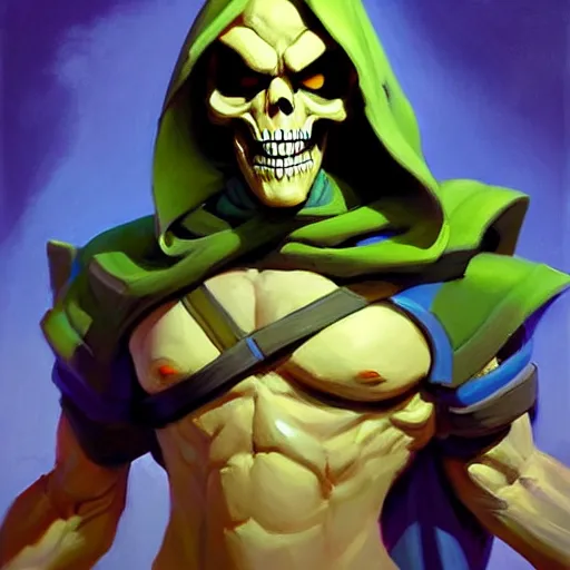 Image similar to Greg Manchess portrait painting of Skeletor as Overwatch character, totally wacky, medium shot, asymmetrical, profile picture, Organic Painting, sunny day, Matte Painting, bold shapes, hard edges, street art, trending on artstation, by Huang Guangjian and Gil Elvgren and Sachin Teng