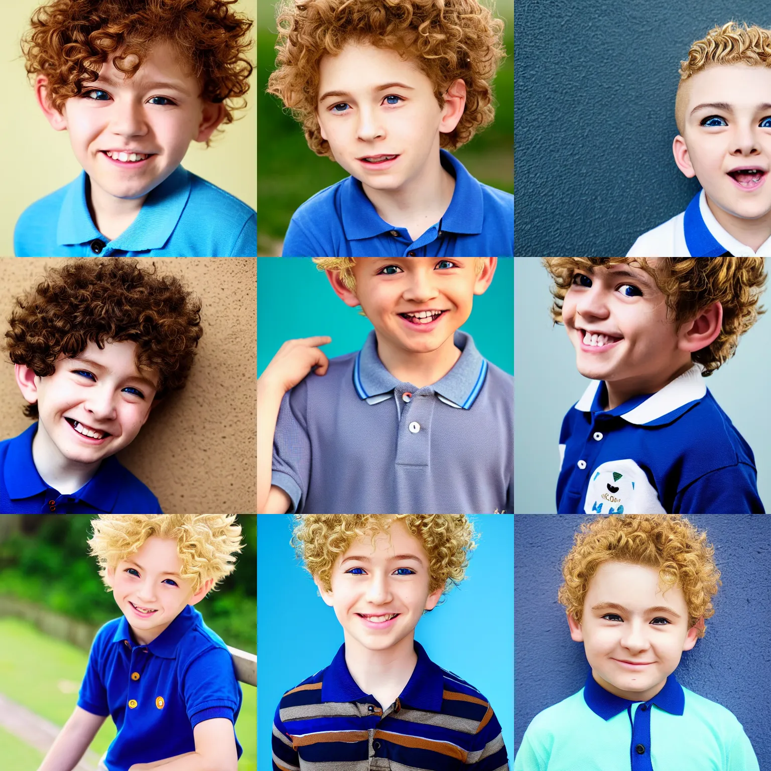 Prompt: A medium shot anime portrait of a little smiling anime boy with extremely short curly wavy light blonde hair and blue eyes, buzzed sides, blue-eyed, chubby face, very young, little boy, medium shot portrait, curly and short top hair, curls on top of his head, his whole head fits in the frame, polo shirt, solid color background, flat anime style shading, head shot, 2d digital anime drawing by Stanley Artgerm Lau, WLOP, Rossdraws, James Jean, Andrei Riabovitchev, Marc Simonetti, and Sakimi chan, trending on artstation