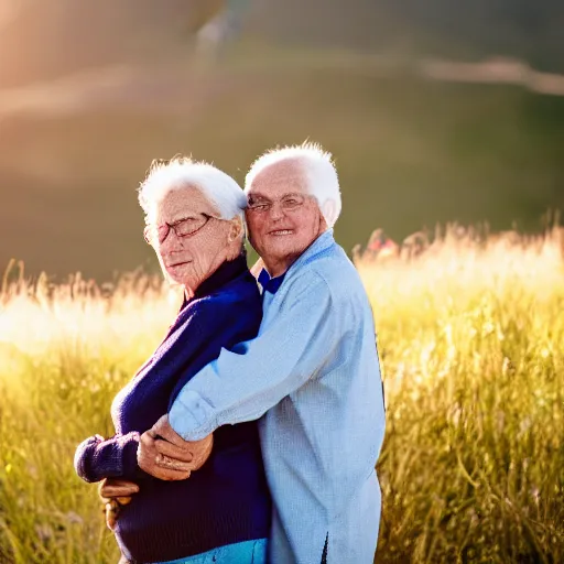 Image similar to a beautiful portrait photo of an older couple in love, beautiful detailed eyes, emotional, faded rainbow, golden hour in pismo California, outdoors, professional award winning portrait photography, Zeiss 150mm f/2.8