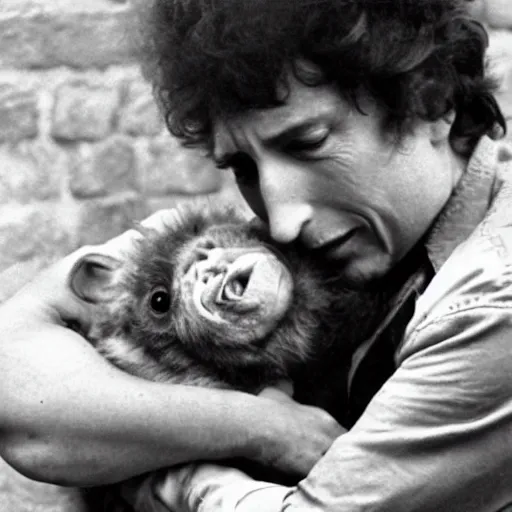 Prompt: bob dylan cradling a fat goblin like a baby, photograph, 1 9 6 5