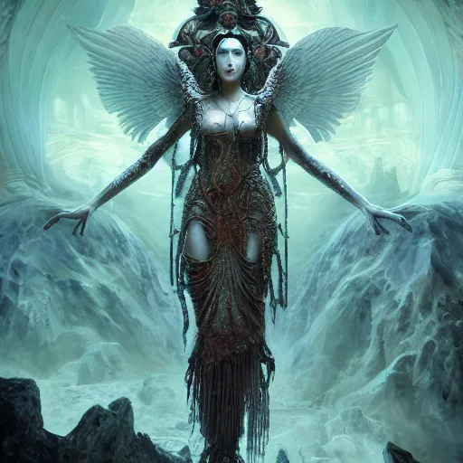 Image similar to priestess of the damned, bella hadid, 8 k resolution, concept art, detailed matte painting, eldritch, unreal engine, gustave dore, detailed painting, maximalist, 4 k, 8 k resolution, 3 d shading, rendered in blender, astral aurora, hyperdetailed, intricate, polished