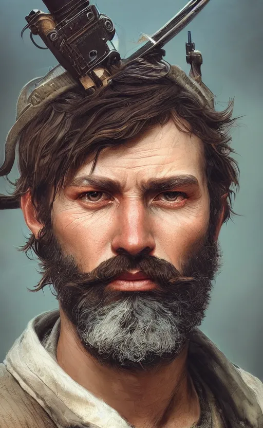 Prompt: close up portrait painting of a bearded hunter, ultra realistic, concept art, intricate details, serious, highly detailed, photorealistic, octane render, 8 k, unreal engine. art by artgerm and greg rutkowski and alphonse mucha