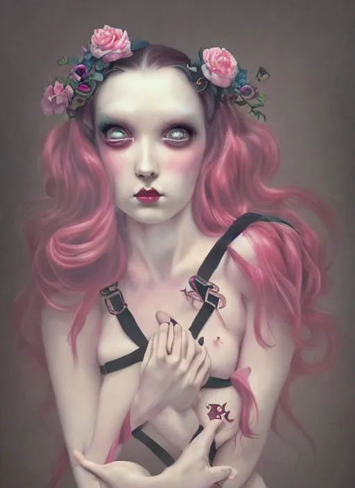 Image similar to pop surrealism, lowbrow art, realistic seductive cute woman painting, pink body harness, japanese shibari, hyper realism, muted colours, rococo, natalie shau, loreta lux, tom bagshaw, mark ryden, trevor brown style,