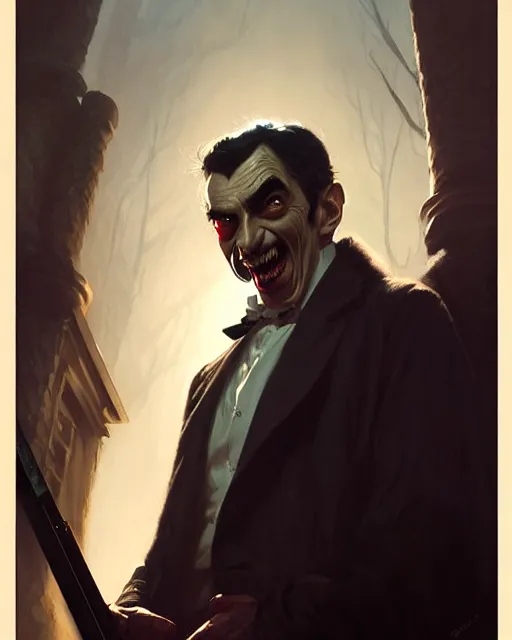 Image similar to mr bean vampire hunter, fine details, realistic shaded lighting poster by greg rutkowski, magali villeneuve, artgerm, jeremy lipkin and michael garmash and rob rey