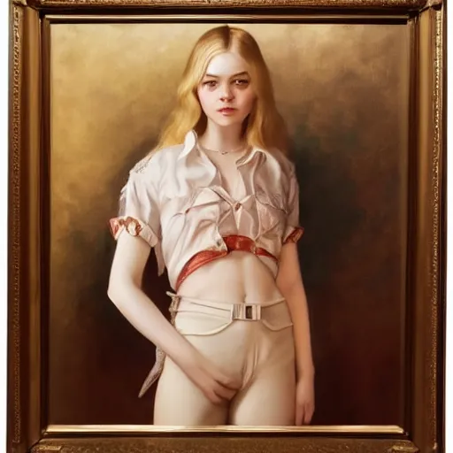 Image similar to ultra realistic medium shot portrait painting of elle fanning in prey, art by frank frazetta and j. c. leyendecker, 4 k, ultra realistic, highly detailed, epic lighting