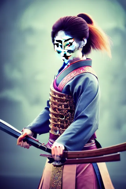 Prompt: highly detailed beautiful photo of a young female samurai, practising sword stances in a temple, symmetrical face, beautiful eyes, realistic anime art style, 8 k, award winning photo, pastels, action photography, 1 / 1 2 5 shutter speed, dramatic lighting