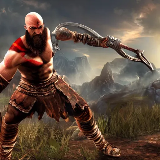 Prompt: in - game screenshot of kratos from god of war in the video game league of legends