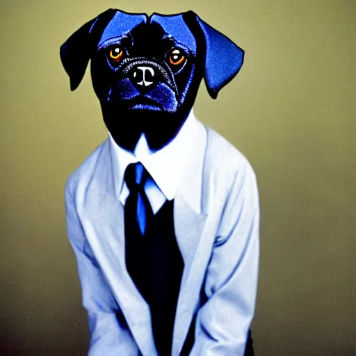 Image similar to portrait of black pugalier dog wearing suit and tie, by damien hurst