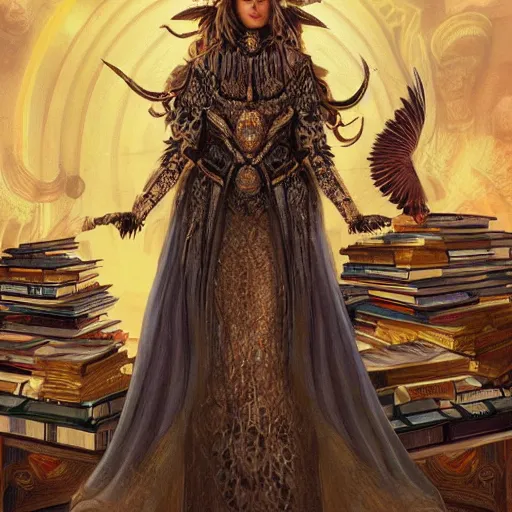 Image similar to a portrait of ana de armas as the goddess minerva, surrounded by stacks of books, bioluminescent gown with deep level of detail of esoteric symbols, urban motifs, intricate, elegant, highly detailed, digital painting, trending on artstation, concept art, smooth sharp focus, illustration, art by artgerm and greg rutkowski