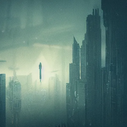 Image similar to blade runner, cyberpunk, futuristic, drones in the sky, sunrise, cold, rainy, sharp focus, view from the top of a big building, water at the ground, boats,