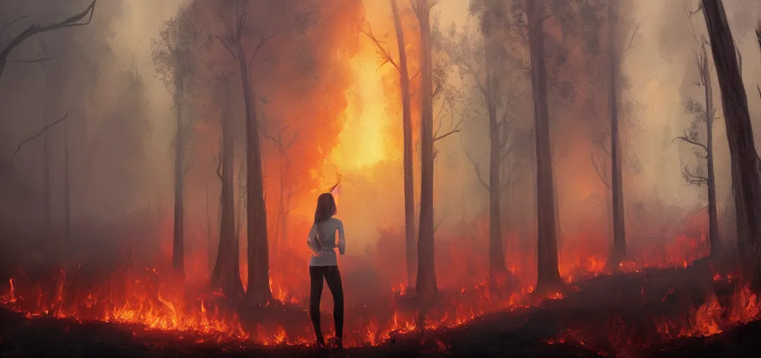 Image similar to Young woman looking at a forest fire, deep burning forest, smoke on the ground, Bleak. horror, scary Dark mood. Mysterious. Doom. Realistic painting. photobashing, matte painting, highly detailed, uhd, 8k,