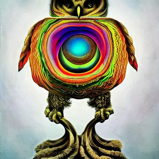 Prompt: the wisest of all owls, psychedelic, salvador dali, trending on artstation, surreal