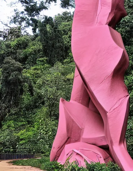 Image similar to vintage color photo of a giant 1 1 0 million years old abstract sculpture made of liquid pink gold covered by the jungle vines