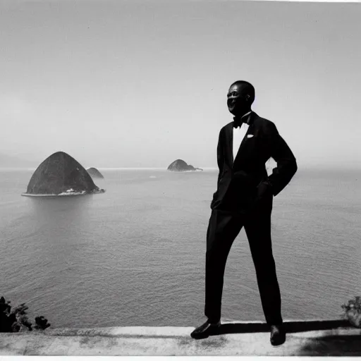 Image similar to vintage photo of a black man wearing a black suit in rio de janeiro