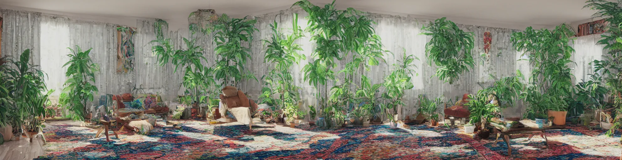 Image similar to 1 9 6 9 living in an older house, hippie pad, hippie chic, antiques, tropical houseplants, beaded curtains, posters on the walls, persian rugs, artstation, v - ray render, 8 k