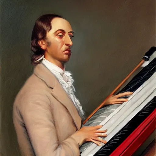 Prompt: Frederick Chopin on a stage playing a keytar, photorealistic painting