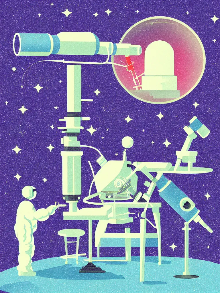 Image similar to ( ( strong dither ) ), editorial illustration scientific lab test tube telescope microscope astronaut, colorful modern, mads berg