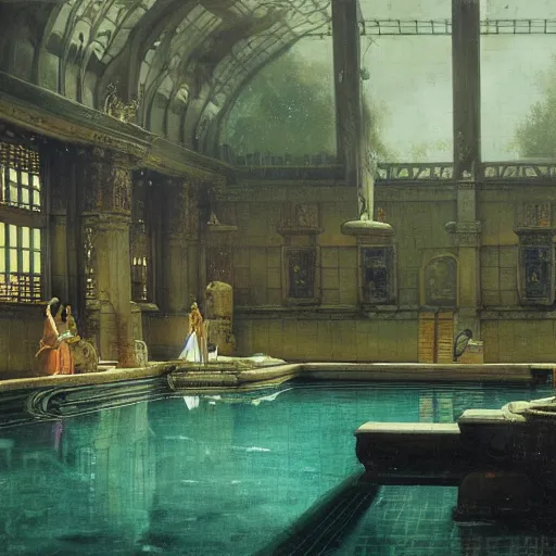 Image similar to painting of a scifi ancient civilzation victorian swimming pool, andreas achenbach